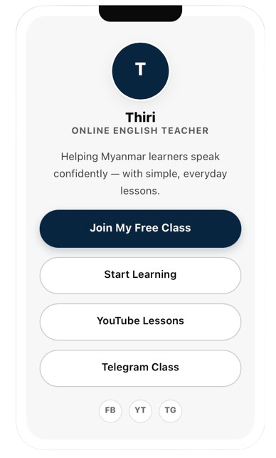 Bio Link phone mockup — Thiri Online English Teacher page preview
